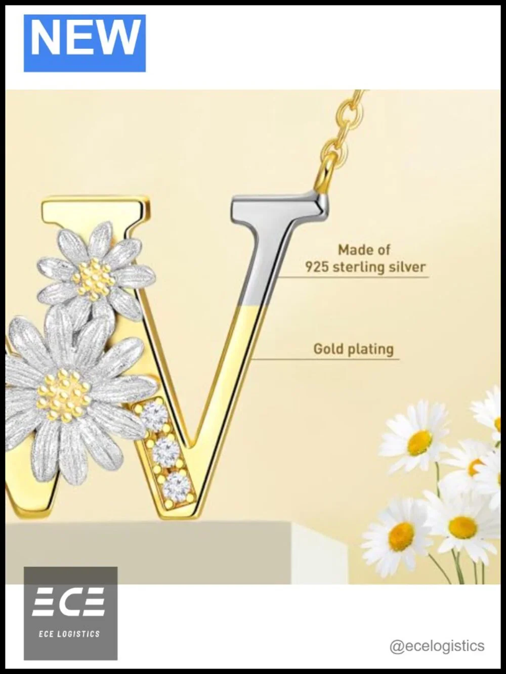 925 Sterling Silver 14K Gold Plated Initial Pendant Necklace Cubic Zirconia